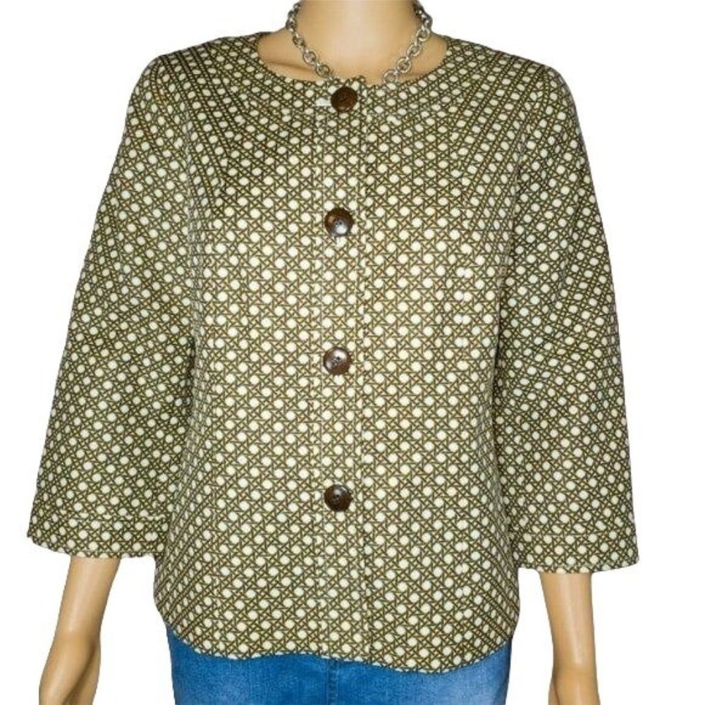TALBOTS Blazer Jacket Size 10 Brown Gold Cream Braid Pattern 3/4 Sleeve Lined